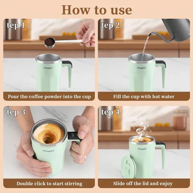 Alt view image 2 of 7 - Self Stirring Coffee Mug with Fahrenhite Temperature Display, Rechargeable Stirring Mug, Automatic Self Stirring Cup with Lid, For Coffee, Milk and Other Beverages, Green