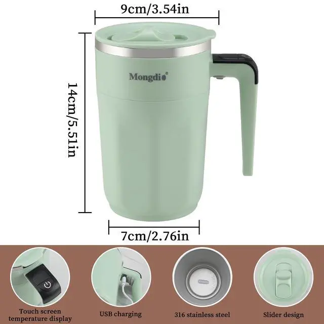 Alt view image 5 of 7 - Self Stirring Coffee Mug with Fahrenhite Temperature Display, Rechargeable Stirring Mug, Automatic Self Stirring Cup with Lid, For Coffee, Milk and Other Beverages, Green