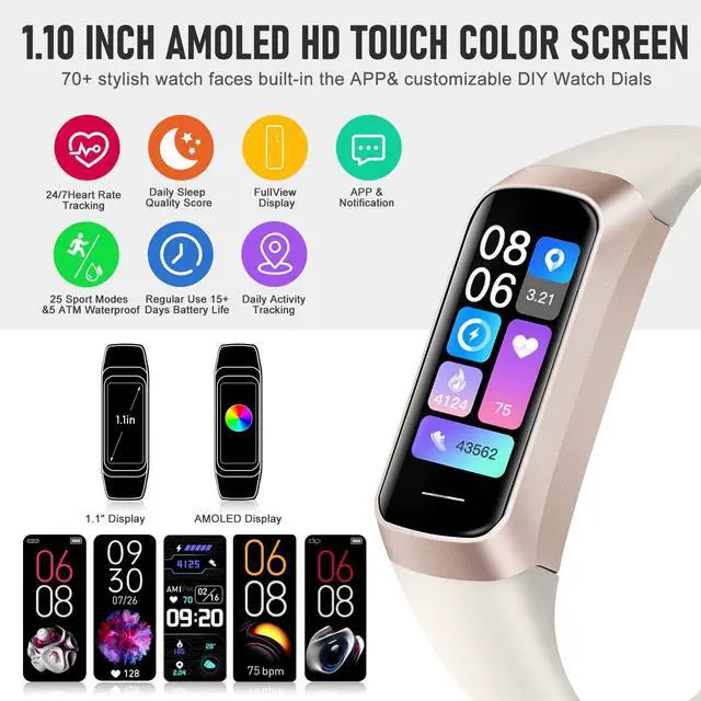Alt view image 2 of 7 - Fitness Tracker, Activity Tracker with 24/7 Heart Rate Blood Pressure Blood Oxygen Sleep Monitor, Calories Smart Watch with 1.10'' AMOLED Touch Color Screen, Pedometer for Women Men