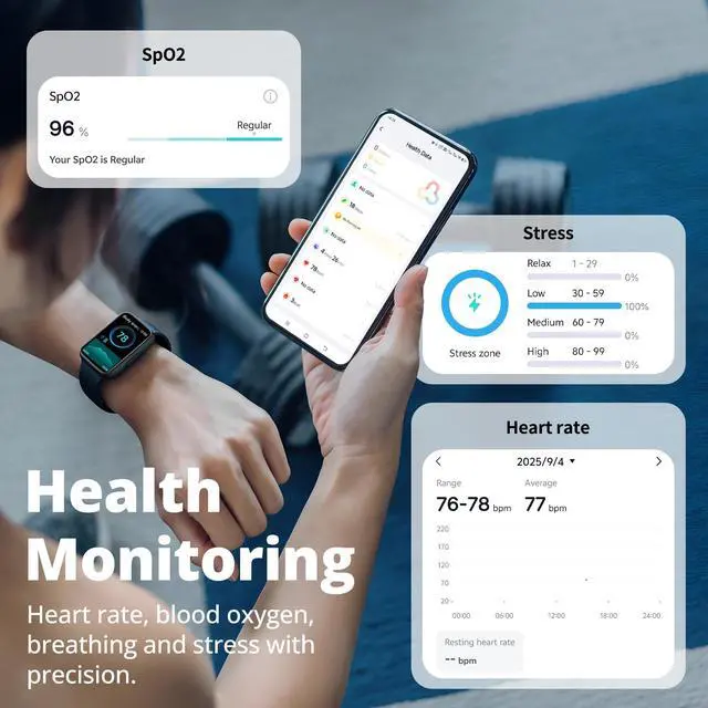 Alt view image 3 of 7 - Fitness Tracker Watch for Men & Women, 1.47" HD with Bluetooth, 24/7 Heart Rate & Blood Oxygen Monitor, Sleep & Step Counter, 100+ Sports Modes, 3ATM Waterproof, Compatible with Android iOS Black