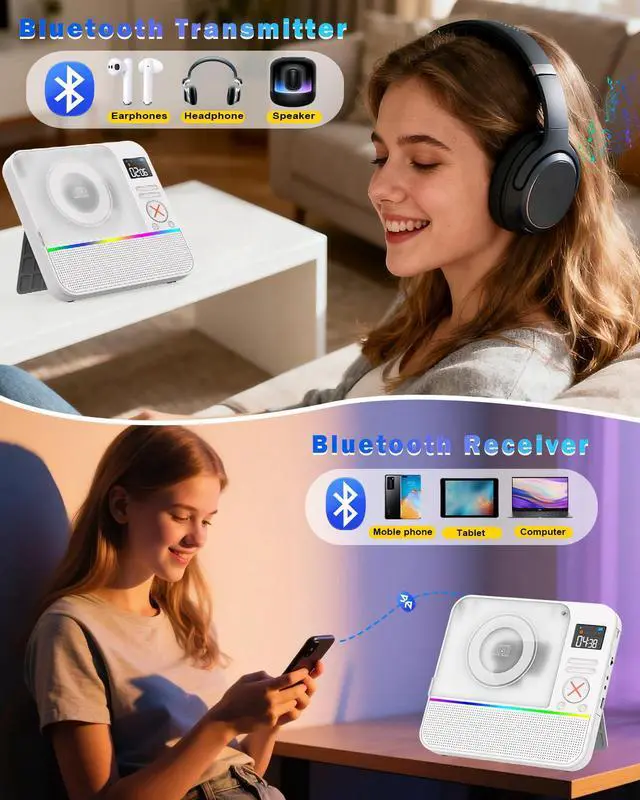 Alt view image 3 of 7 - Portable CD Player with Bluetooth,Desktop Stereo Portable CD Player Bluetooth Rechargeable Portable CD Players for Home with Speakers FM Radio & RGB Light, LED Screen, Support USB/AUX Headphone Jack