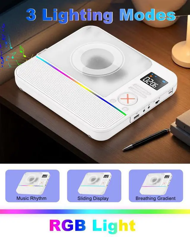 Alt view image 4 of 7 - Portable CD Player with Bluetooth,Desktop Stereo Portable CD Player Bluetooth Rechargeable Portable CD Players for Home with Speakers FM Radio & RGB Light, LED Screen, Support USB/AUX Headphone Jack