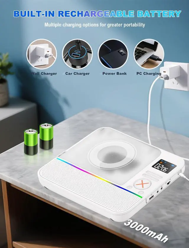 Alt view image 5 of 7 - Portable CD Player with Bluetooth,Desktop Stereo Portable CD Player Bluetooth Rechargeable Portable CD Players for Home with Speakers FM Radio & RGB Light, LED Screen, Support USB/AUX Headphone Jack
