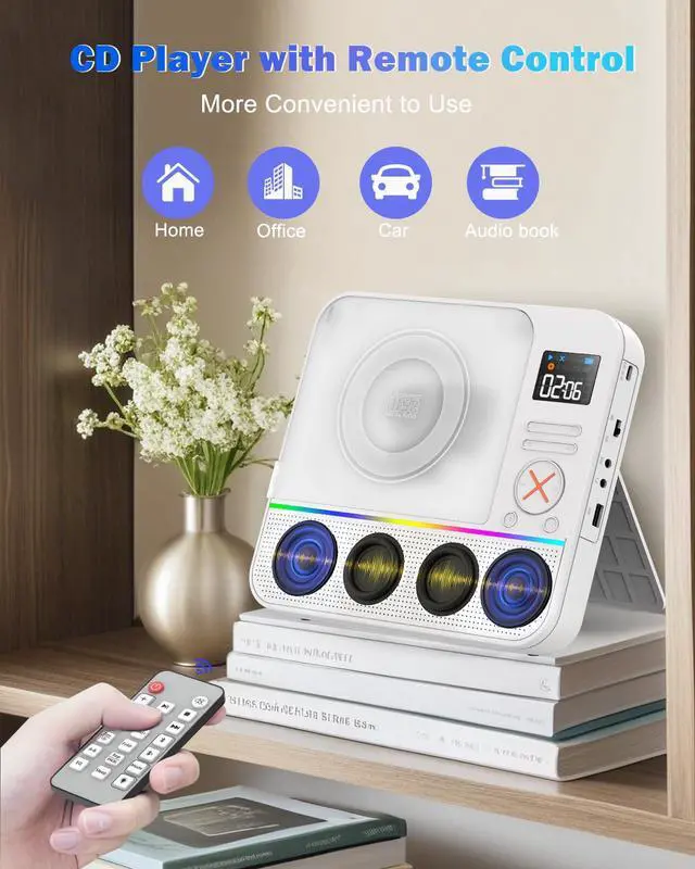 Alt view image 7 of 7 - Portable CD Player with Bluetooth,Desktop Stereo Portable CD Player Bluetooth Rechargeable Portable CD Players for Home with Speakers FM Radio & RGB Light, LED Screen, Support USB/AUX Headphone Jack
