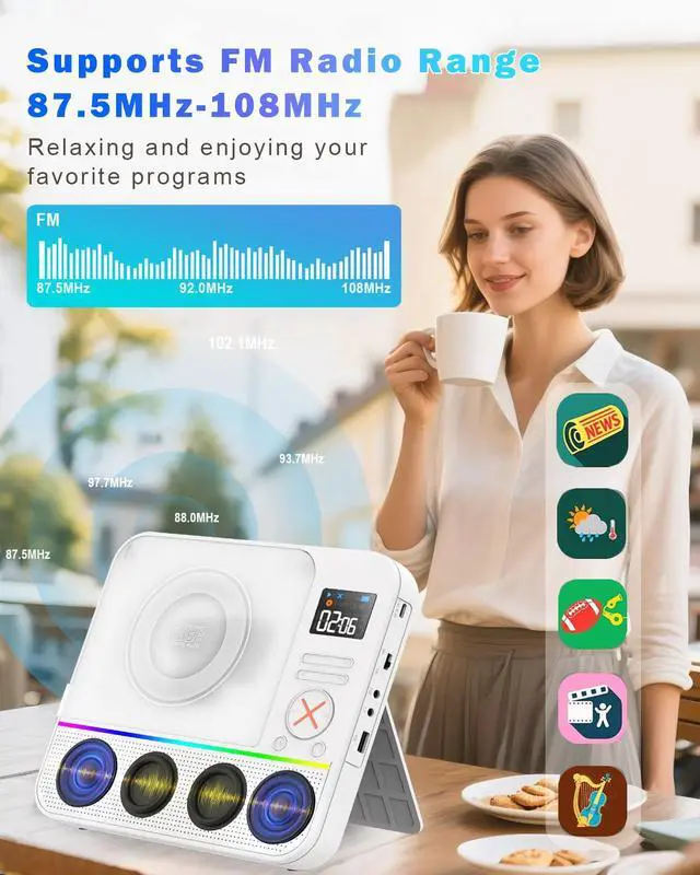Alt view image 6 of 7 - Portable CD Player with Bluetooth,Desktop Stereo Portable CD Player Bluetooth Rechargeable Portable CD Players for Home with Speakers FM Radio & RGB Light, LED Screen, Support USB/AUX Headphone Jack