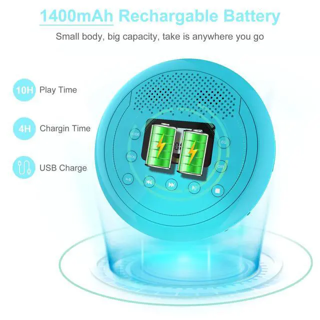 Alt view image 6 of 7 - CD Player Portable | Speaker Built-in Rechargeable CD Player for Car and Home, Anti-Skip Player with Headphones(Cyan-Blue)