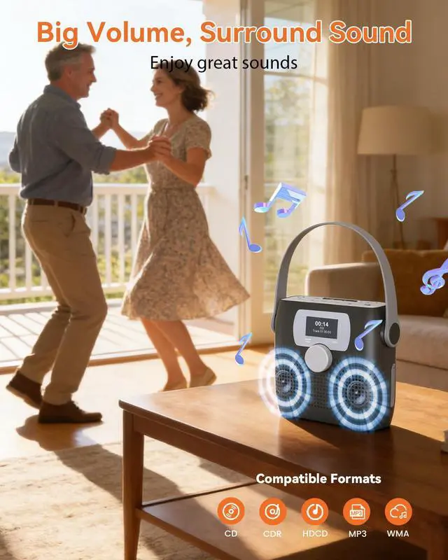 Alt view image 4 of 7 - CD Player Portable,MONODEAL Bluetooth Boombox CD Player with Speakers,Portable FM Radio for Camping& Travel(Favourite Memory,LED,Waterproof,Clock,Alarm Timer,USB,Headphone Jack,6W) Dark Gray