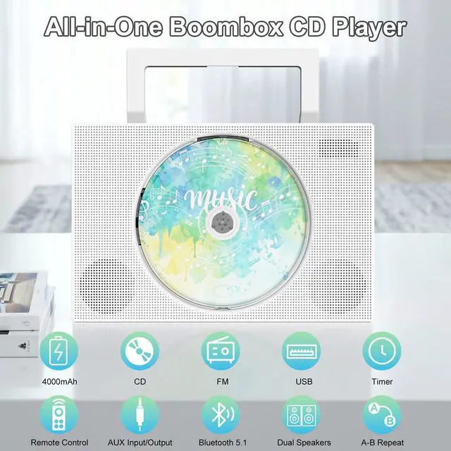 Alt view image 2 of 7 - Portable CD Player Boombox with Bluetooth - Jimwey Rechargeable Desktop CD Player with Speakers, Supports CD/AUX/USB/FM Radio, CD Players for Home with LED Display and Remote, Mini Cd Boombox for Kids