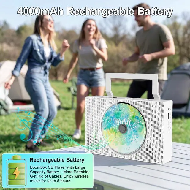Alt view image 3 of 7 - Portable CD Player Boombox with Bluetooth - Jimwey Rechargeable Desktop CD Player with Speakers, Supports CD/AUX/USB/FM Radio, CD Players for Home with LED Display and Remote, Mini Cd Boombox for Kids