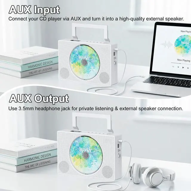 Alt view image 5 of 7 - Portable CD Player Boombox with Bluetooth - Jimwey Rechargeable Desktop CD Player with Speakers, Supports CD/AUX/USB/FM Radio, CD Players for Home with LED Display and Remote, Mini Cd Boombox for Kids