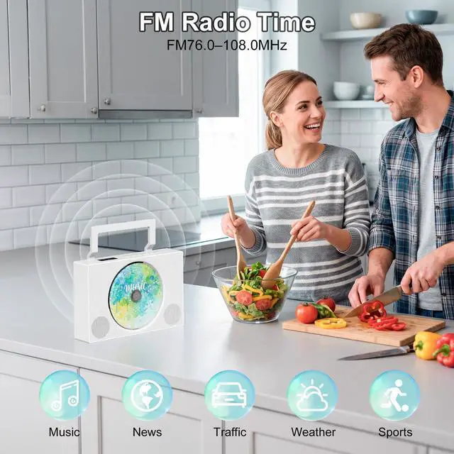 Alt view image 6 of 7 - Portable CD Player Boombox with Bluetooth - Jimwey Rechargeable Desktop CD Player with Speakers, Supports CD/AUX/USB/FM Radio, CD Players for Home with LED Display and Remote, Mini Cd Boombox for Kids
