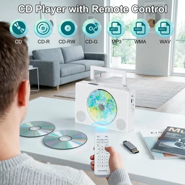 Alt view image 7 of 7 - Portable CD Player Boombox with Bluetooth - Jimwey Rechargeable Desktop CD Player with Speakers, Supports CD/AUX/USB/FM Radio, CD Players for Home with LED Display and Remote, Mini Cd Boombox for Kids