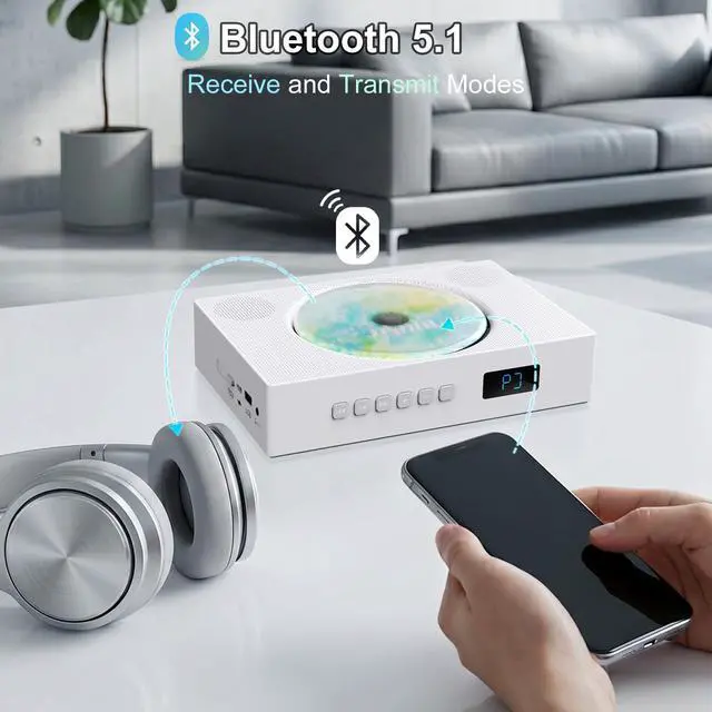 Alt view image 4 of 7 - Portable CD Player Boombox with Bluetooth - Jimwey Rechargeable Desktop CD Player with Speakers, Supports CD/AUX/USB/FM Radio, CD Players for Home with LED Display and Remote, Mini Cd Boombox for Kids