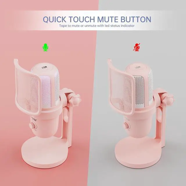 Alt view image 2 of 7 - Pink USB Condenser Microphone for Gaming, PC Mic with 2 Pickup Patterns, RGB Light, Tap-to-Mute, 96KHz/24Bit for Streaming Podcast YouTube Recording, Plug & Play for PS4 PS5 Computer Accessories