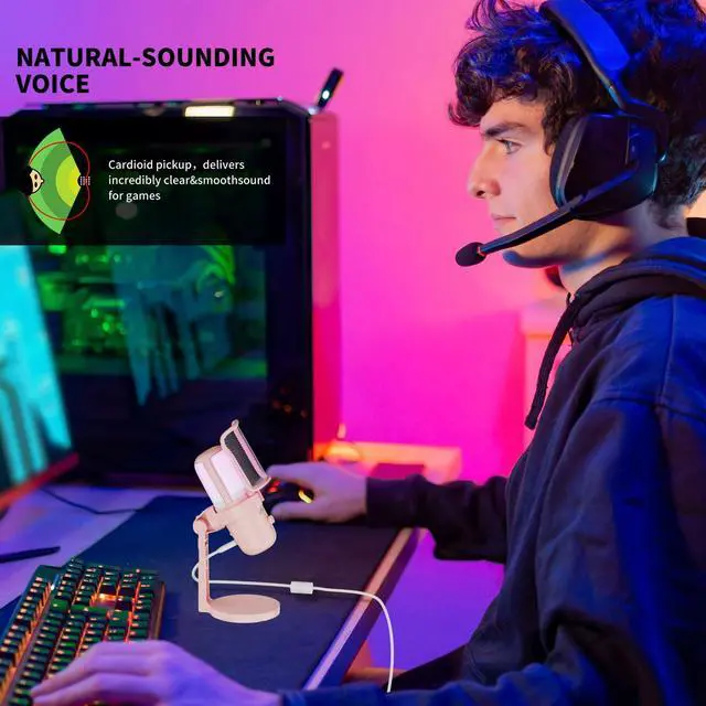 Alt view image 6 of 7 - Pink USB Condenser Microphone for Gaming, PC Mic with 2 Pickup Patterns, RGB Light, Tap-to-Mute, 96KHz/24Bit for Streaming Podcast YouTube Recording, Plug & Play for PS4 PS5 Computer Accessories