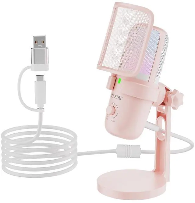 Main image of Pink USB Condenser Microphone for Gaming, PC Mic with 2 Pickup Patterns, RGB Light, Tap-to-Mute, 96KHz/24Bit for Streaming Podcast YouTube Recording, Plug & Play for PS4 PS5 Computer Accessories