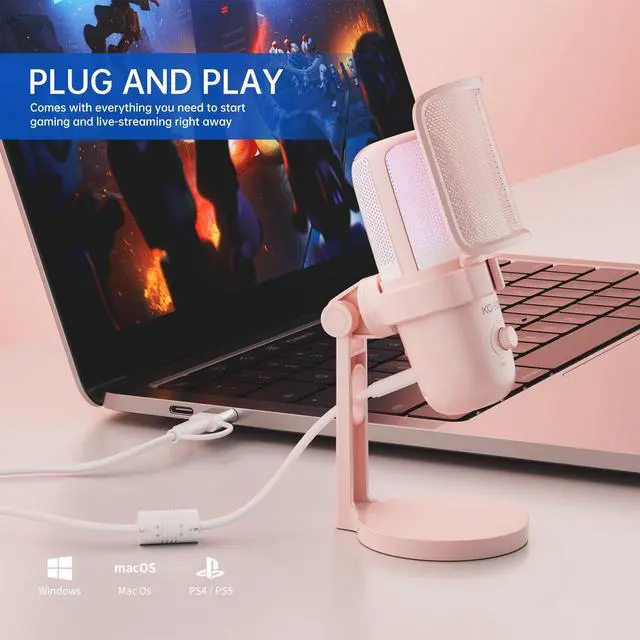 Alt view image 4 of 7 - Pink USB Condenser Microphone for Gaming, PC Mic with 2 Pickup Patterns, RGB Light, Tap-to-Mute, 96KHz/24Bit for Streaming Podcast YouTube Recording, Plug & Play for PS4 PS5 Computer Accessories