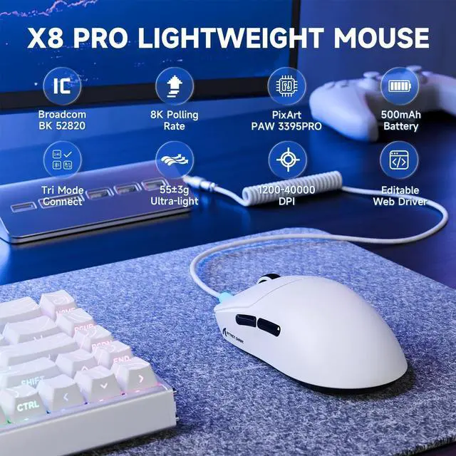 Alt view image 2 of 7 - X8 PRO 8K Wireless Gaming Mouse,PAW 3395PRO Sensor,40K DPI,Tri-Mode,55g Ultra-Light,Broadcom 52840 MCU Chip,Programmable Mice with Coiled Cable for PC/MAC/Win-White