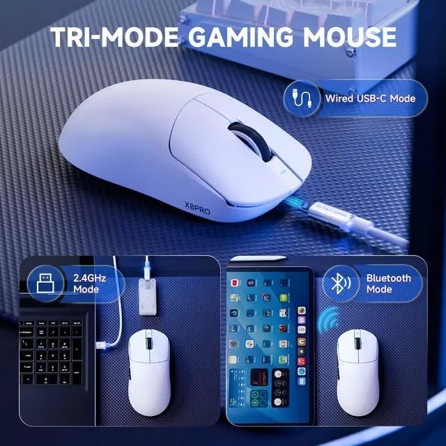 Alt view image 3 of 7 - X8 PRO 8K Wireless Gaming Mouse,PAW 3395PRO Sensor,40K DPI,Tri-Mode,55g Ultra-Light,Broadcom 52840 MCU Chip,Programmable Mice with Coiled Cable for PC/MAC/Win-White