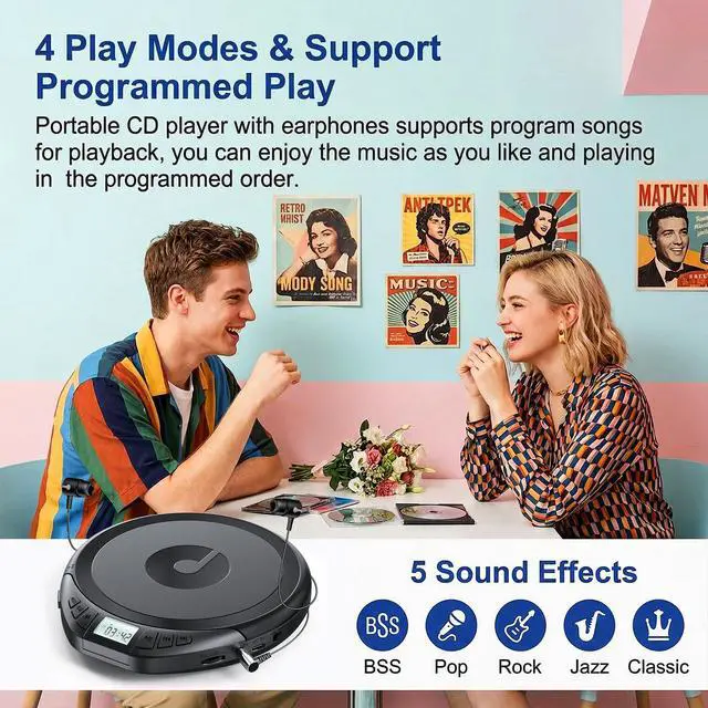 Alt view image 5 of 7 - H-01 Portable CD Player with Earphones,Personal CD Discman Player for Home Car with Anti-Skip Shockproof Protection, Small CD Player with LCD Display for Music Lovers