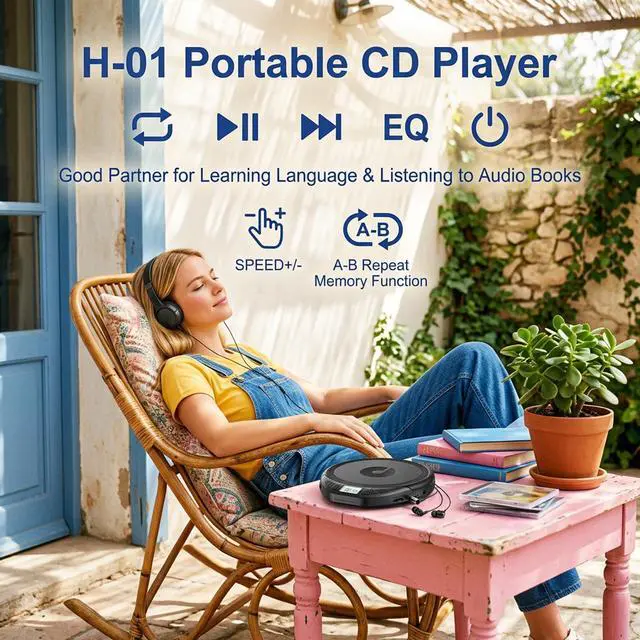 Alt view image 2 of 7 - H-01 Portable CD Player with Earphones,Personal CD Discman Player for Home Car with Anti-Skip Shockproof Protection, Small CD Player with LCD Display for Music Lovers