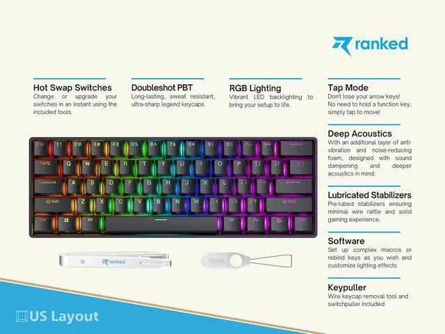 Alt view image 2 of 7 - N60 Nova 60% Form Factor | Hot Swappable Mechanical Gaming Keyboard | 61 Keys Multi Color RGB LED Backlit for PC/Mac Gamer (Black, Gateron Pro Red)