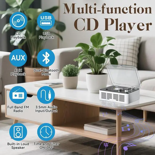 Alt view image 2 of 7 - CD Player with Speakers HiFi Stereo Sound for Home,Bluetooth Retro Wood Nostalgic CD Music Players FM Radio with Remote Control,Support USB & AUX Playback