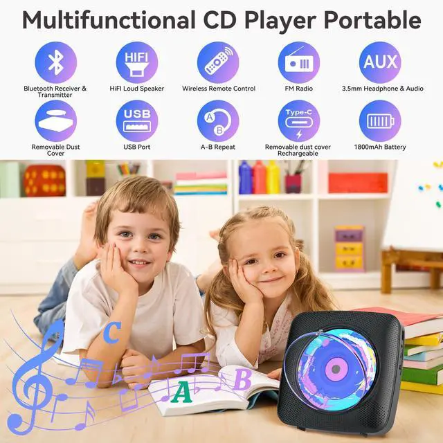 Alt view image 2 of 7 - CD Player Portable Bluetooth Rechargeable: CD Players for Home with 1800mAh Desktop Wall CD Player with Speakers Dust Cover FM Radio USB AUX Jack Remote Control