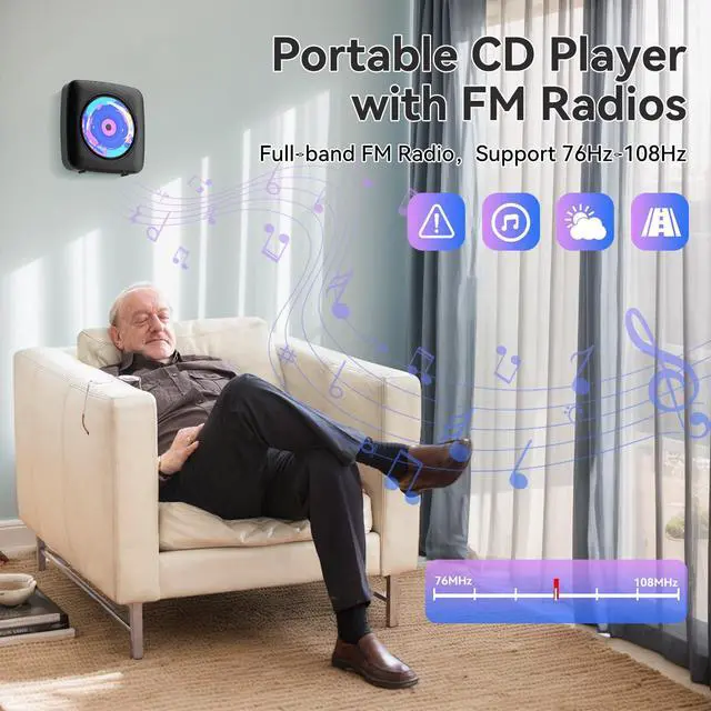 Alt view image 5 of 7 - CD Player Portable Bluetooth Rechargeable: CD Players for Home with 1800mAh Desktop Wall CD Player with Speakers Dust Cover FM Radio USB AUX Jack Remote Control