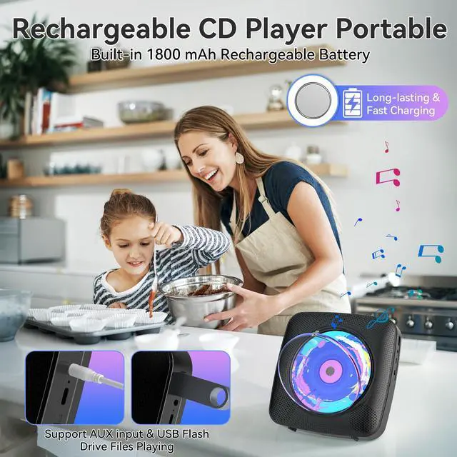 Alt view image 6 of 7 - CD Player Portable Bluetooth Rechargeable: CD Players for Home with 1800mAh Desktop Wall CD Player with Speakers Dust Cover FM Radio USB AUX Jack Remote Control