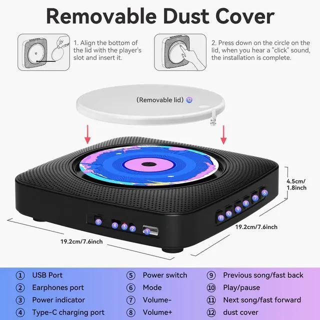 Alt view image 7 of 7 - CD Player Portable Bluetooth Rechargeable: CD Players for Home with 1800mAh Desktop Wall CD Player with Speakers Dust Cover FM Radio USB AUX Jack Remote Control