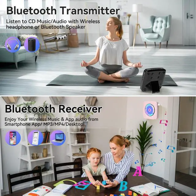 Alt view image 3 of 7 - CD Player Portable Bluetooth Rechargeable: CD Players for Home with 1800mAh Desktop Wall CD Player with Speakers Dust Cover FM Radio USB AUX Jack Remote Control