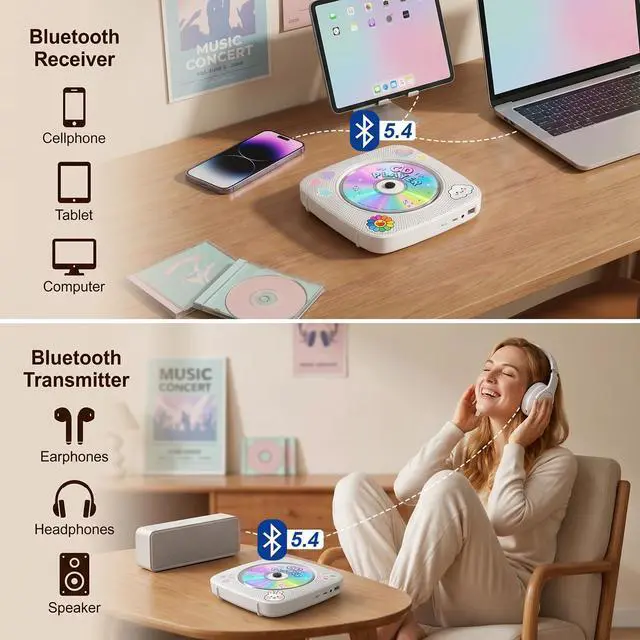 Alt view image 3 of 7 - Portable CD Player Bluetooth: CD Players for Home Rechargeable Desktop Wall Portable CD Player with Bluetooth & Dual Speakers 1800mAh Boombox FM Radio USB Type-C MP3 Music Player