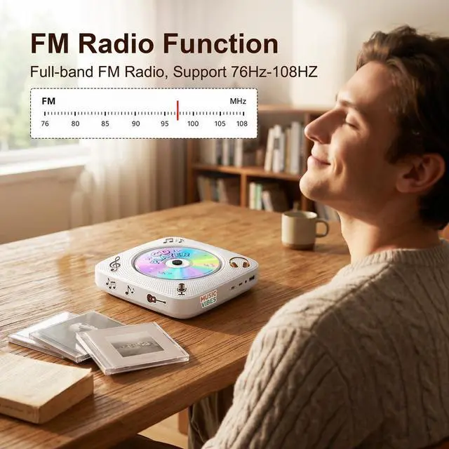 Alt view image 6 of 7 - Portable CD Player Bluetooth: CD Players for Home Rechargeable Desktop Wall Portable CD Player with Bluetooth & Dual Speakers 1800mAh Boombox FM Radio USB Type-C MP3 Music Player