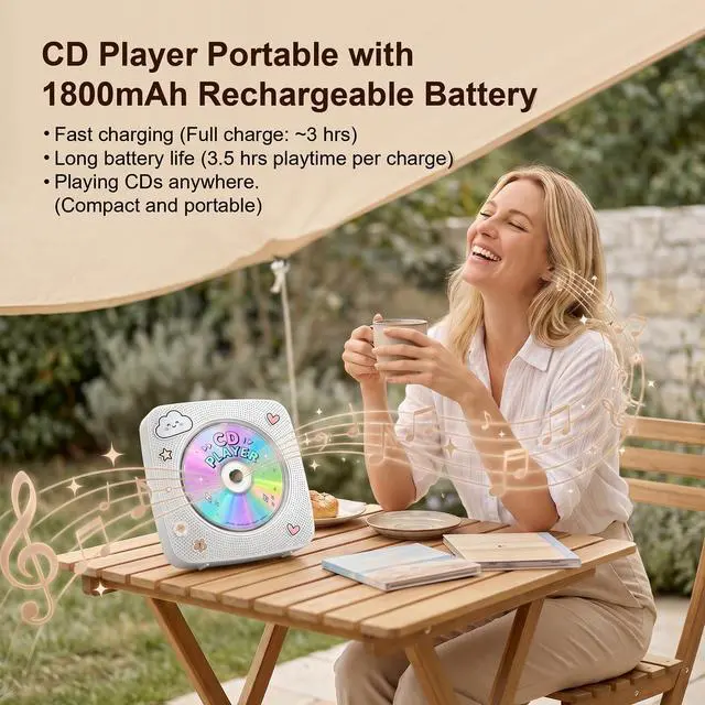 Alt view image 2 of 7 - Portable CD Player Bluetooth: CD Players for Home Rechargeable Desktop Wall Portable CD Player with Bluetooth & Dual Speakers 1800mAh Boombox FM Radio USB Type-C MP3 Music Player