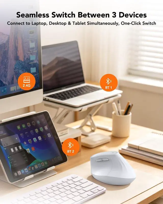 Alt view image 5 of 7 - Ergonomic Mouse Wireless, Bluetooth Vertical Mouse, 5-Level Adjustable DPI, 2.4G Silent Switch Mice for Windows, MacOS, IPadOS, Laptop, PC, White