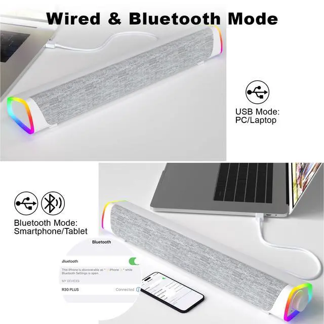 Alt view image 4 of 7 - R30 Plus Bluetooth Computer Speakers, All-in-One Control Button with 6 Modes LED Lights PC Speaker, Wired USB Powered Surround Soundbar for Desktop Monitor Laptop White