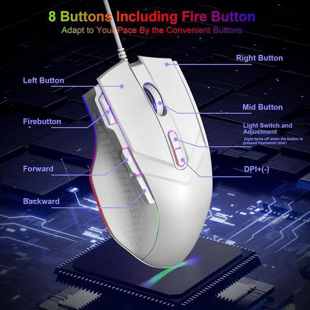 Alt view image 3 of 7 - Gaming Mouse 6 Adjustable DPI Up to 7200 Wired PC Gaming Mouse 8 Programmable Buttons 13 Adjustable RGB LED Modes 1.5 M Drag-Free Paracord Ergonomic Mouse Windows/PC/Mac/Laptop (White)