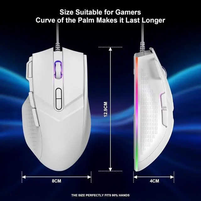 Alt view image 7 of 7 - Gaming Mouse 6 Adjustable DPI Up to 7200 Wired PC Gaming Mouse 8 Programmable Buttons 13 Adjustable RGB LED Modes 1.5 M Drag-Free Paracord Ergonomic Mouse Windows/PC/Mac/Laptop (White)