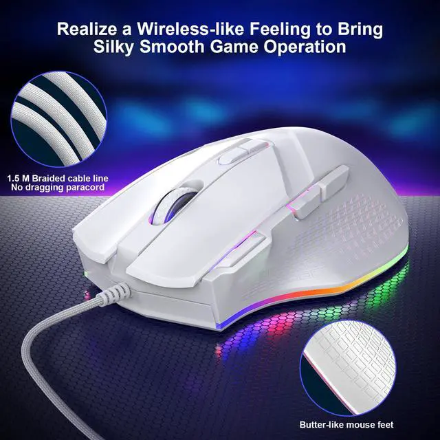 Alt view image 6 of 7 - Gaming Mouse 6 Adjustable DPI Up to 7200 Wired PC Gaming Mouse 8 Programmable Buttons 13 Adjustable RGB LED Modes 1.5 M Drag-Free Paracord Ergonomic Mouse Windows/PC/Mac/Laptop (White)