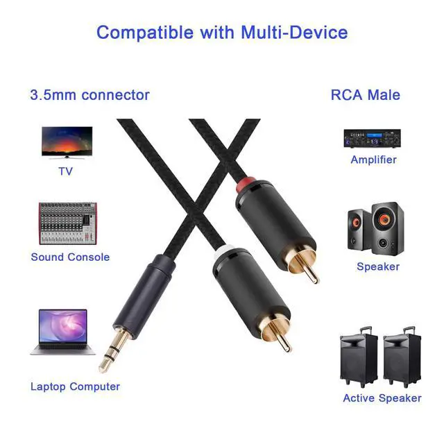 Alt view image 5 of 6 - 3.5mm Aux to RCA Cable 5FT, 2Pack, Black, 1/8 Aux Male to Dual RCA Male Stereo Y Splitter Cord, 24K Gold-Plated, Compatible with Television, PC, Smartphone, Dot, Tablet and Speaker