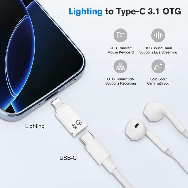 Alt view image 2 of 6 - USB-C 3.1 to Lightning Adapter (2-Pack), Male Lightning to Female USB-C, Headphone/Microphone/Charging,& OTG Compatible