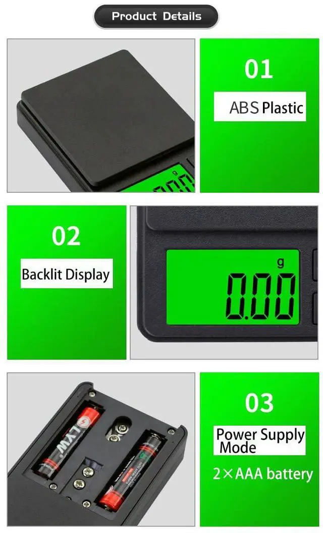 Alt view image 7 of 7 - Digital Pocket Scale 1000g x 0.01g Weigh Gram Scale, Mini Scale, Digital Grams Scale, Food Scale, Jewelry Scale, Kitchen Scale with Backlit LCD, 7 Units Tare, Battery Included, Black