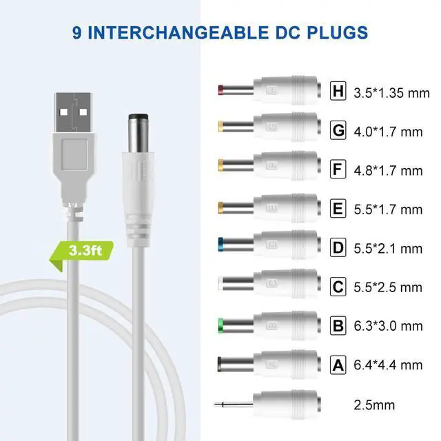 Alt view image 3 of 4 - DC 5V Power Cord, USB to 5V DC Power Cable Charging Cord with 9 Adapters (6.4 * 4.4mm, 6.3 * 3.0mm, 5.5 * 2.5mm, 5.5 * 2.1mm, 5.5 * 1.7 mm, 4.8 * 1.7 mm, 4.0 * 1.7 mm, 3.5 * 1.35 mm, 2.5mm)