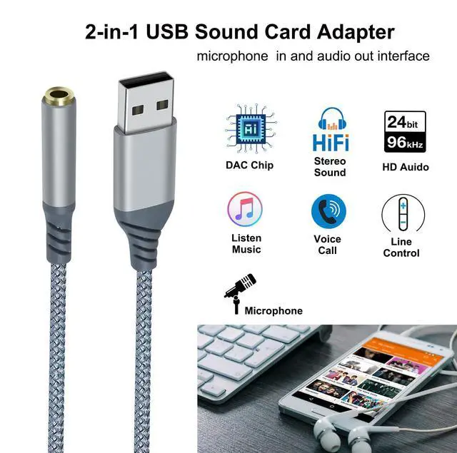 Alt view image 4 of 7 - USB to 3.5mm Audio Adapter Microphone Headphone Jack External Sound Card AUX USB Type A to 3.5 mm Cable 4 Pole TRRS Female Interface Line Control for PC Laptop Desktop Speaker Headset, Grey