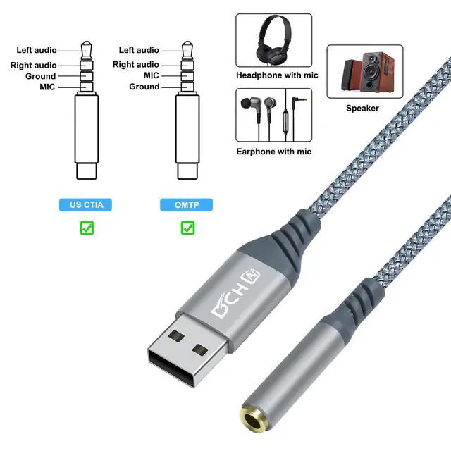 Alt view image 5 of 7 - USB to 3.5mm Audio Adapter Microphone Headphone Jack External Sound Card AUX USB Type A to 3.5 mm Cable 4 Pole TRRS Female Interface Line Control for PC Laptop Desktop Speaker Headset, Grey