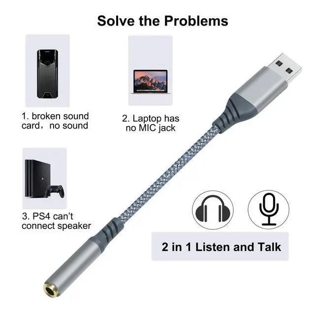Alt view image 2 of 7 - USB to 3.5mm Audio Adapter Microphone Headphone Jack External Sound Card AUX USB Type A to 3.5 mm Cable 4 Pole TRRS Female Interface Line Control for PC Laptop Desktop Speaker Headset, Grey