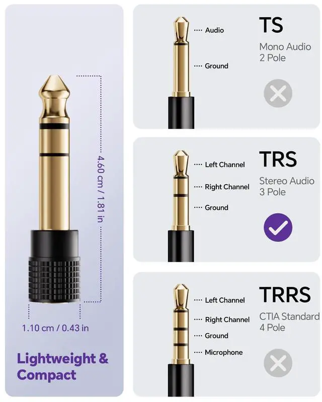 Alt view image 6 of 7 - 6.35mm 1/4 Male to 3.5mm 1/8 Female Audio Adapter, Gold-Plated TRS Stereo Jack, Solid Brass Housing, for Headphones, Guitar, Mixer, Amp, Keyboard, 2 Pack