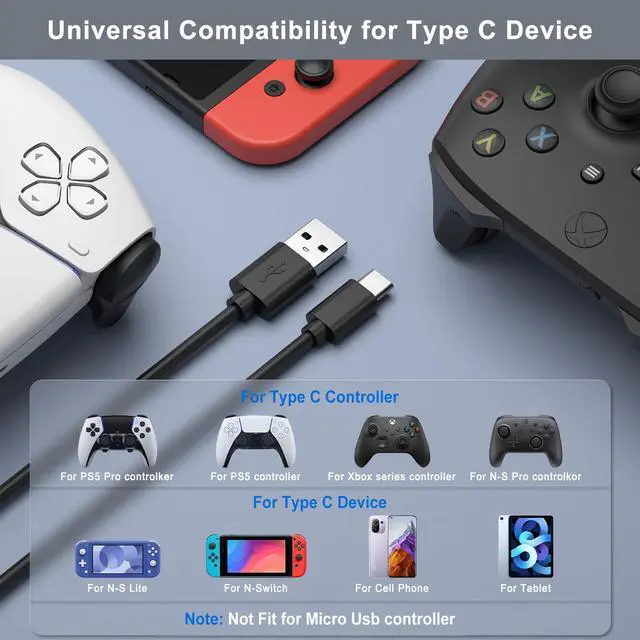 Alt view image 2 of 7 - 2 Pack PS5 Controller Charging Cable, 3.3ft Replacement USB C Charging Cable for PlayStation 5 DualSense, Xbox Series S/Series X, Elite Series 2, Switch Controller