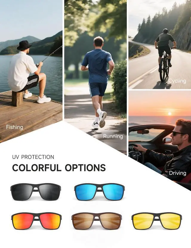 Alt view image 7 of 7 - Polarized Sunglasses Men and Women, Mens Sunglasses Square Lightweight with UV Protection Sun Glasses for Fishing Driving, 3806A05